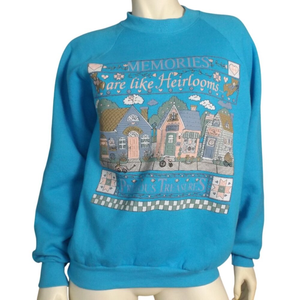 MEMORIES/PRECIOUS TREASURES Sweatshirt, L, Aqua Blue, Vintage Granny Top